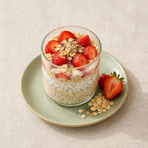 Overnight oats con yogurt, chia e fragole
